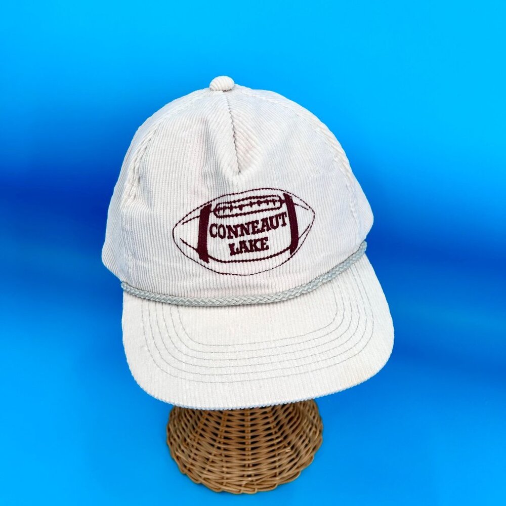 VINTAGE GRAY CORDUROY CONNEAUT LAKE FOOTBALL SNAPBACK BASEBALL TRUCKER HAT